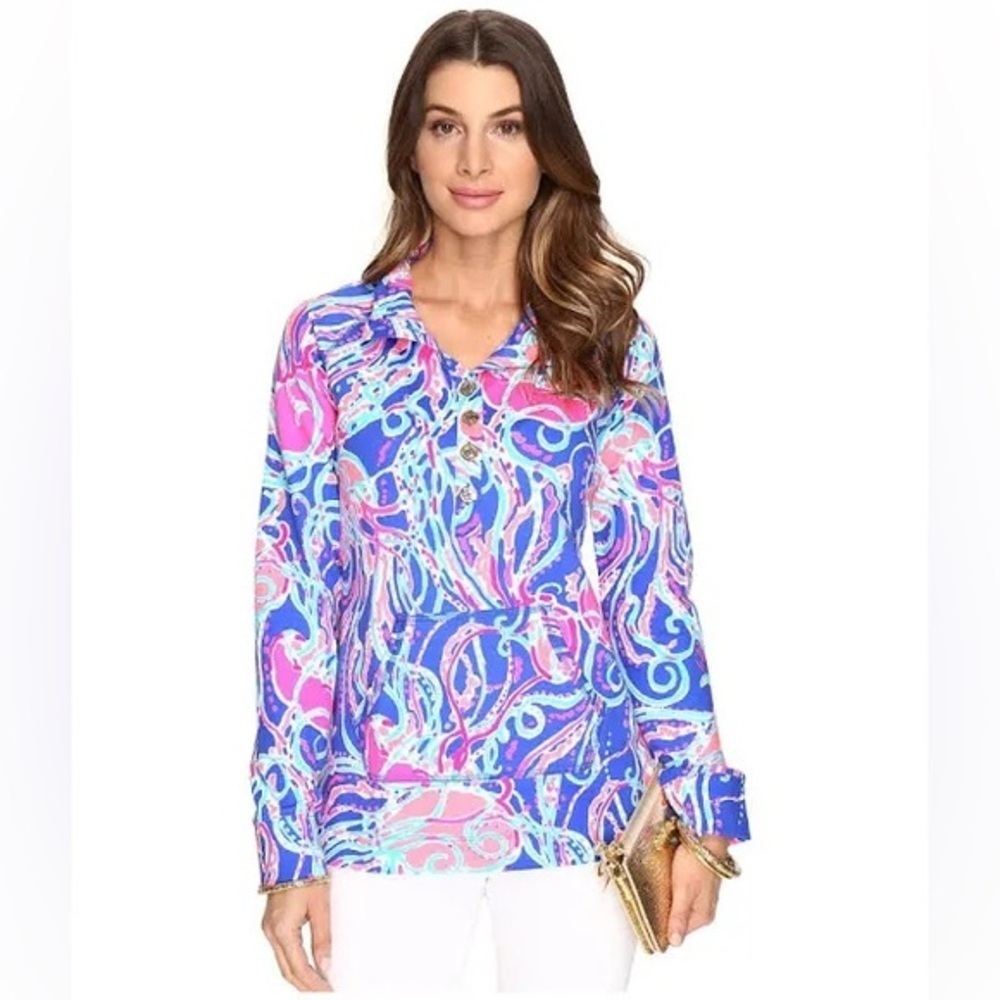Lilly Pulitzer Captain Popover Iris Blue Pop Up Sweatshirt Pink blue Buttons